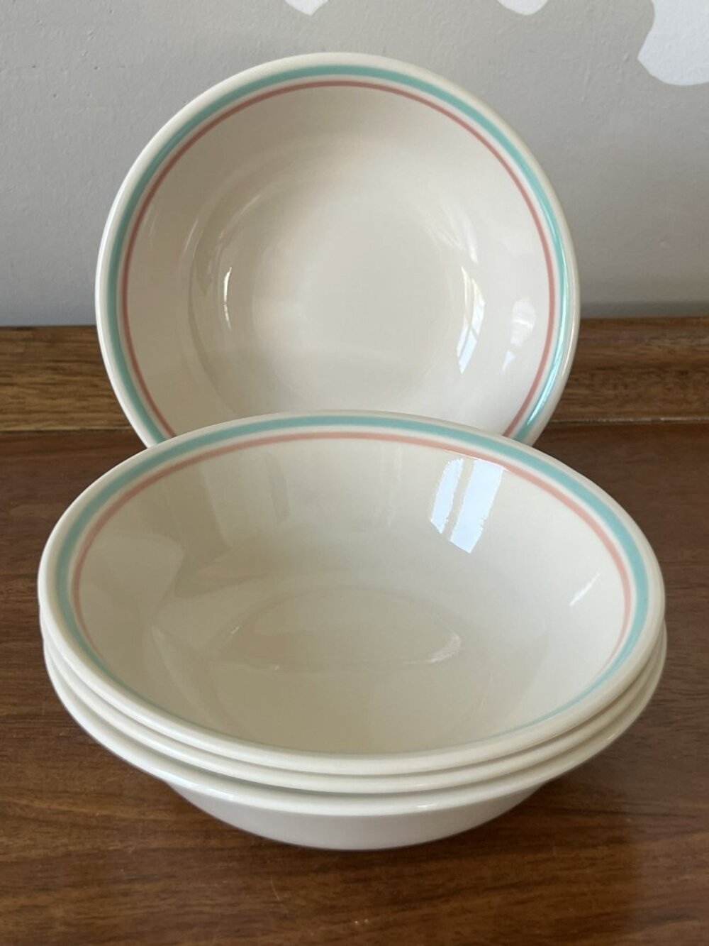 4 Corelle "Forever Yours" Berry Fruit Dessert Sauce Bowls 5 3/8" Pink Teal Rings